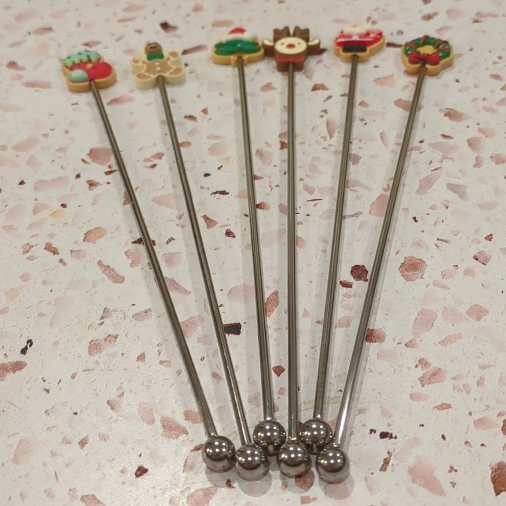 Christmas Swizzle Sticks | Set of 6 | Stainless Steel and Resin Stir Sticks